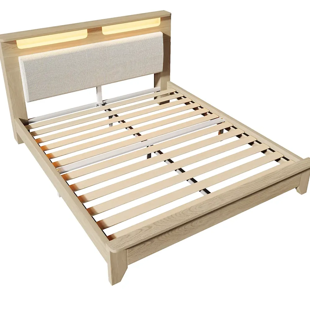 Okwish Lit avec Rangement 160x200 cm - Lit Double en Bois avec Velours Côtelé et LED - Sans Matelas - Chêne Clair et Beige* Lit Avec Rangement