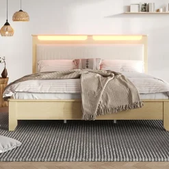 Okwish Lit avec Rangement 160x200 cm - Lit Double en Bois avec Velours Côtelé et LED - Sans Matelas - Chêne Clair et Beige* Lit Avec Rangement