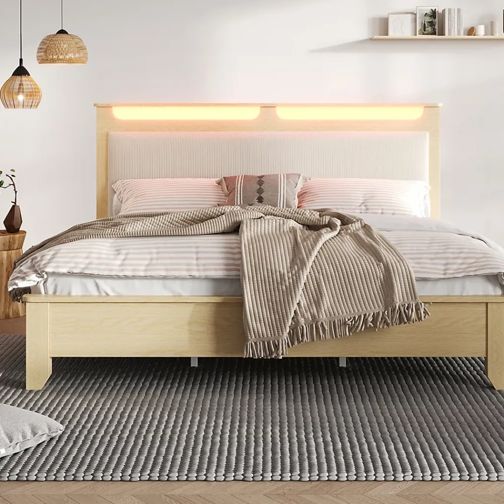 Okwish Lit avec Rangement 160x200 cm - Lit Double en Bois avec Velours Côtelé et LED - Sans Matelas - Chêne Clair et Beige* Lit Avec Rangement