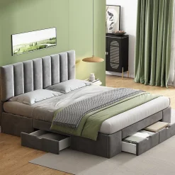 Okwish Lit avec rangement 160x200 cm - Lit Double Capitonné avec 4 Tiroirs - Velours - Sans Matelas - Gris* Lit Avec Rangement