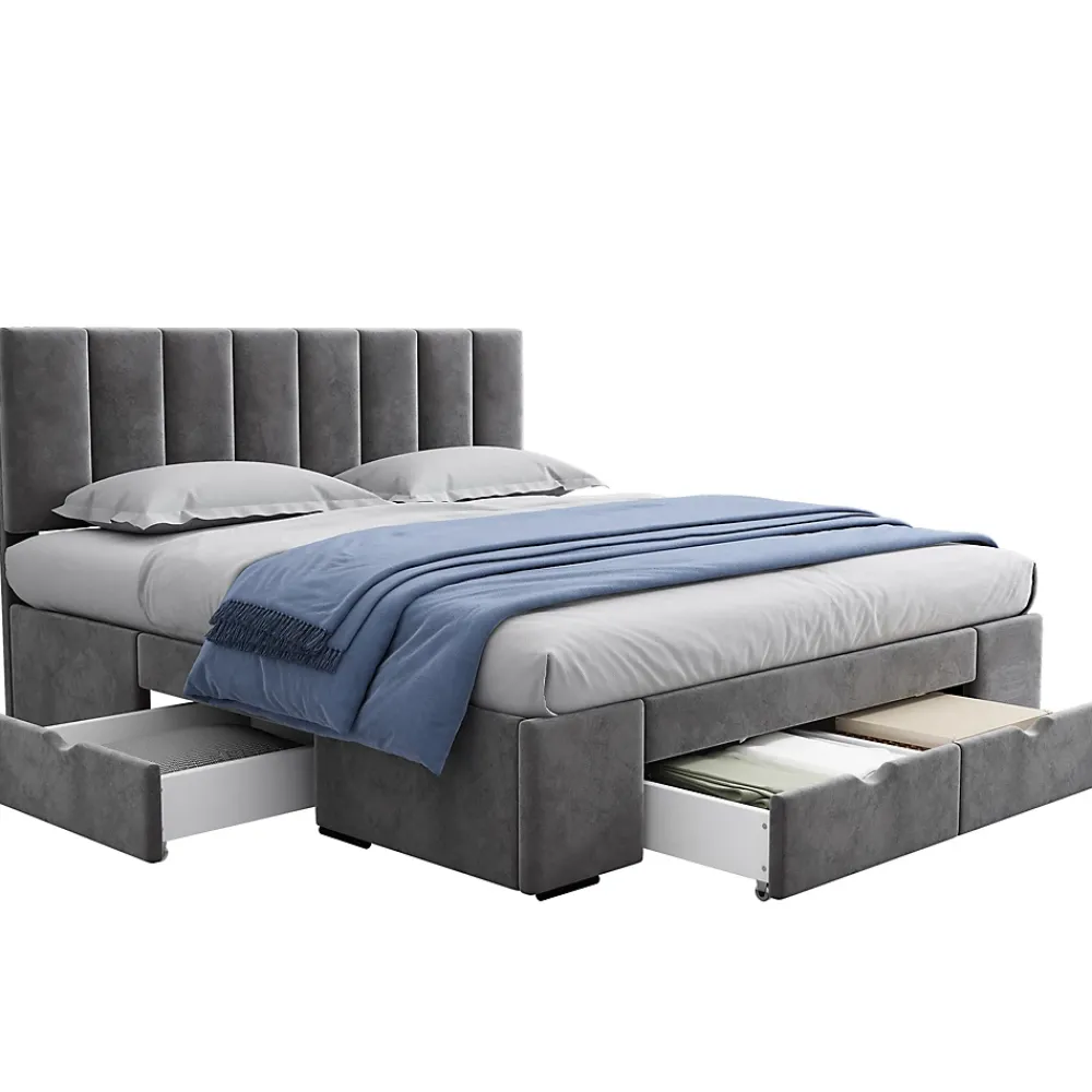 Okwish Lit avec rangement 160x200 cm - Lit Double Capitonné avec 4 Tiroirs - Velours - Sans Matelas - Gris* Lit Avec Rangement