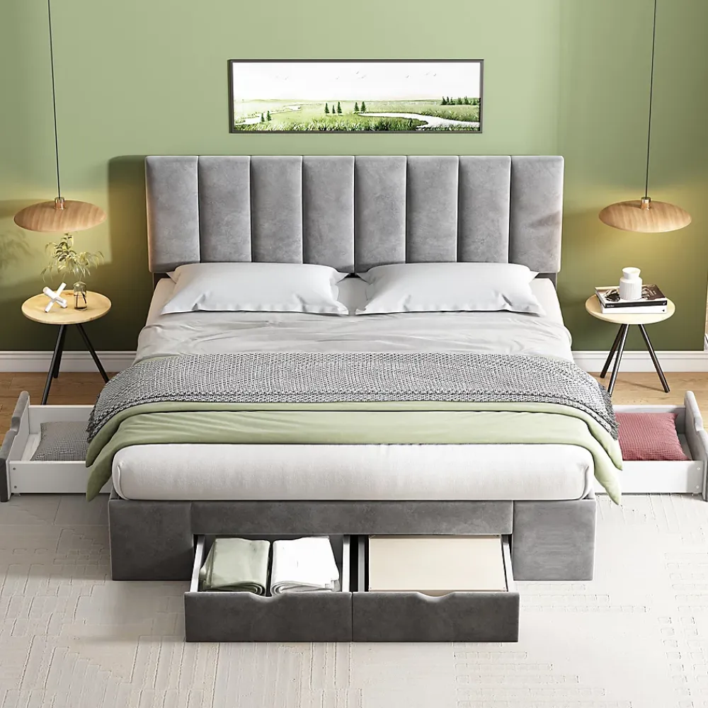 Okwish Lit avec rangement 160x200 cm - Lit Double Capitonné avec 4 Tiroirs - Velours - Sans Matelas - Gris* Lit Avec Rangement