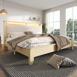 Lit avec Rangement 140x200 cm - Lit Double avec LED et Velours Côtelé, Sans Matelas - Beige et Chêne Clair><noscript><img width=