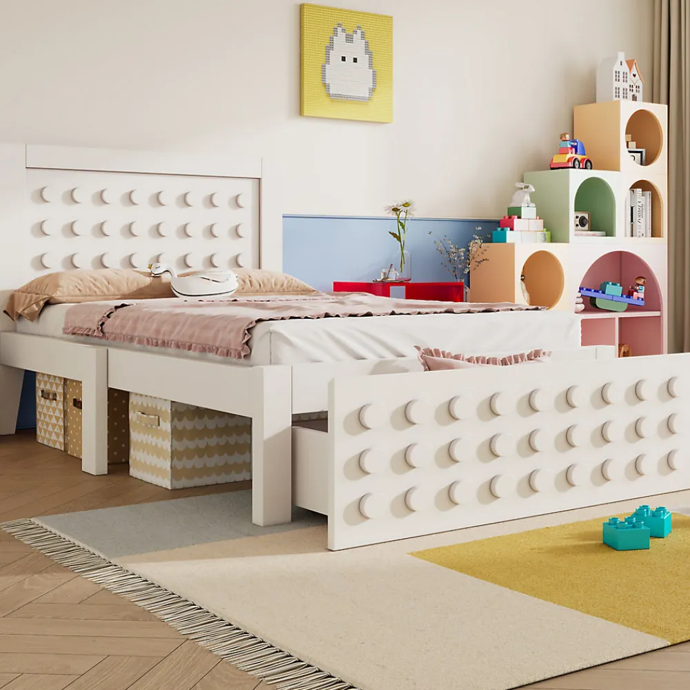 Lit avec rangement 90x200 cm - Lit simple avec tiroirs intégrés et design créatif - en MDF et bois massif - Blanc - Sans matelas>Okwish Hot
