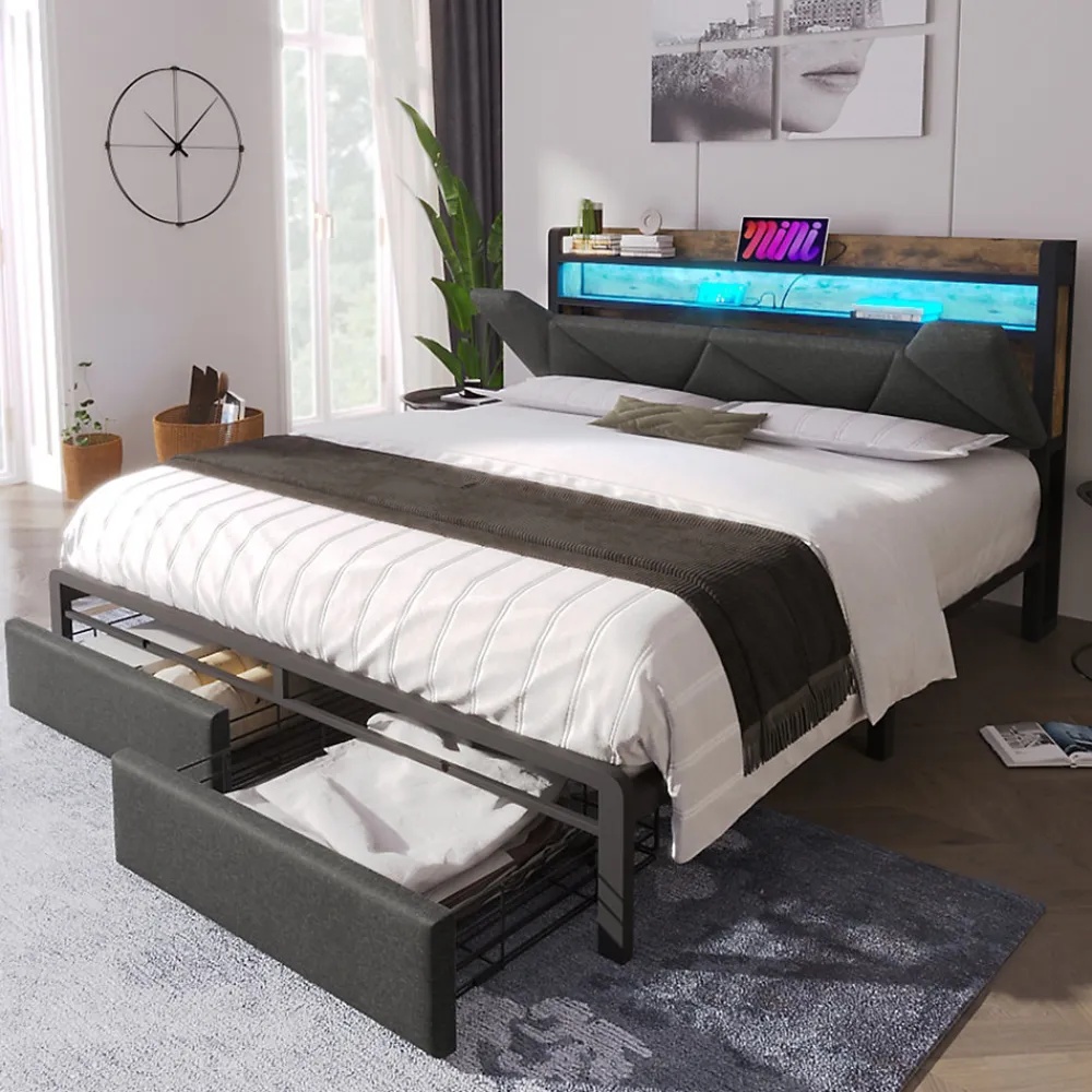 Lit avec rangement 160x200 cm - Lit double rembourré avec tiroirs et fonction de chargement USB - Lin - Sans Matelas - Gris>Okwish Discount