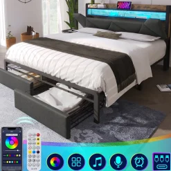 Lit avec rangement 160x200 cm - Lit double rembourré avec tiroirs et fonction de chargement USB - Lin - Sans Matelas - Gris>Okwish Discount