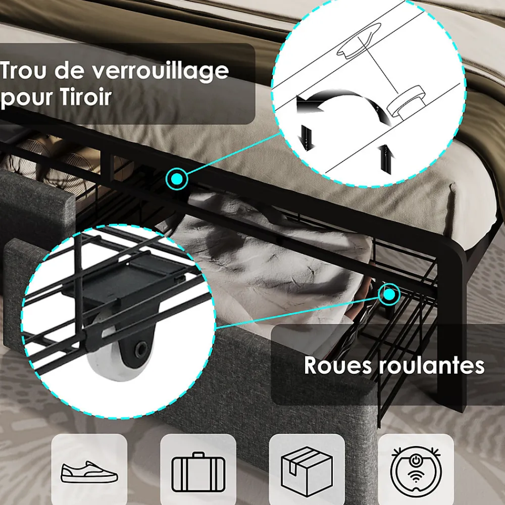 Lit avec rangement 160x200 cm - Lit double rembourré avec tiroirs et fonction de chargement USB - Lin - Sans Matelas - Gris>Okwish Discount