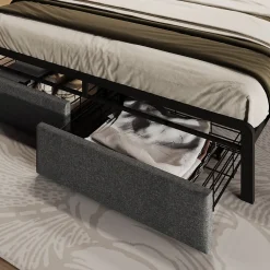 Lit avec rangement 160x200 cm - Lit double rembourré avec tiroirs et fonction de chargement USB - Lin - Sans Matelas - Gris><noscript><img width=
