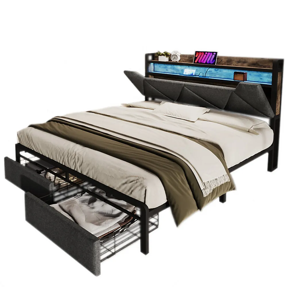 Lit avec rangement 160x200 cm - Lit double rembourré avec tiroirs et fonction de chargement USB - Lin - Sans Matelas - Gris>Okwish Discount