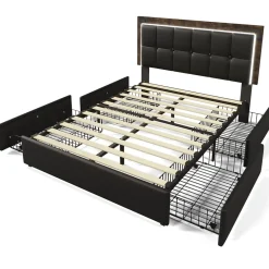 Okwish Lit avec Rangement 140x200 cm - Lit Double Capitonné avec 4 Tiroirs, Bandeau LED et Tête Réglable, Sans Matelas, PU, Noir* Lit Avec Rangement