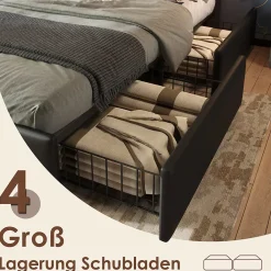 Okwish Lit avec Rangement 140x200 cm - Lit Double Capitonné avec 4 Tiroirs, Bandeau LED et Tête Réglable, Sans Matelas, PU, Noir* Lit Avec Rangement
