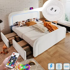 Lit avec rangement 140x200 cm - Lit double rembourré avec 4 tiroirs et fonction de chargement USB - Sherpa - Sans Matelas - Blanc>Okwish Sale