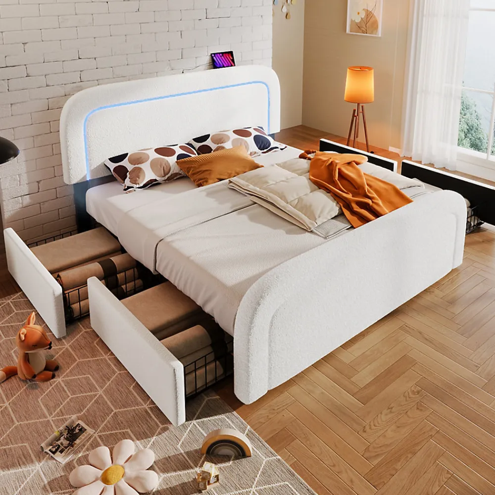 Lit avec rangement 140x200 cm - Lit double rembourré avec 4 tiroirs et fonction de chargement USB - Sherpa - Sans Matelas - Blanc>Okwish Sale