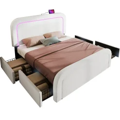 Lit avec rangement 140x200 cm - Lit double rembourré avec 4 tiroirs et fonction de chargement USB - Sherpa - Sans Matelas - Blanc><noscript><img width=