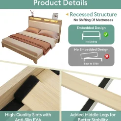 Lit avec Rangement 160x200 cm - Lit Double avec Matelas Inclus, LED et Tête de Lit Corduroy, Chêne Clair et Beige><noscript><img width=