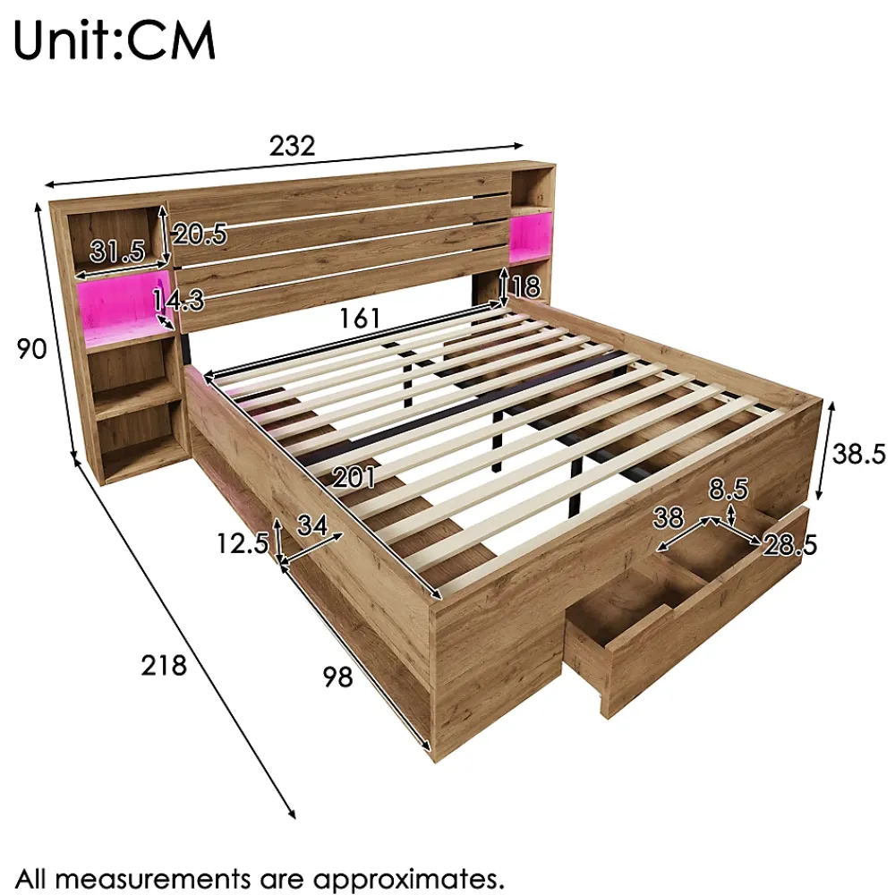 Okwish Lit avec rangement 160x200 cm - Lit double avec tête de lit LED et USB - Bois Massif - Sans Matelas - Chêne* Lit Avec Rangement