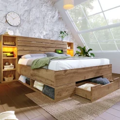 Okwish Lit avec rangement 160x200 cm - Lit double avec tête de lit LED et USB - Bois Massif - Sans Matelas - Chêne* Lit Avec Rangement