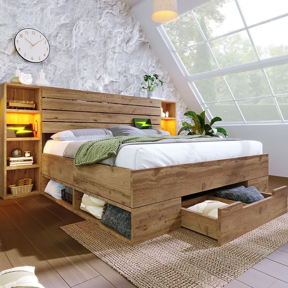 Okwish Lit avec rangement 160x200 cm - Lit double avec tête de lit LED et USB - Bois Massif - Sans Matelas - Chêne* Lit Avec Rangement
