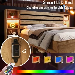 Okwish Lit avec rangement 160x200 cm - Lit double avec tête de lit LED et USB - Bois Massif - Sans Matelas - Chêne* Lit Avec Rangement