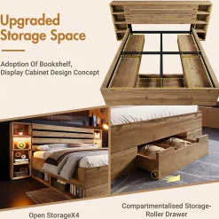 Okwish Lit avec rangement 160x200 cm - Lit double avec tête de lit LED et USB - Bois Massif - Sans Matelas - Chêne* Lit Avec Rangement