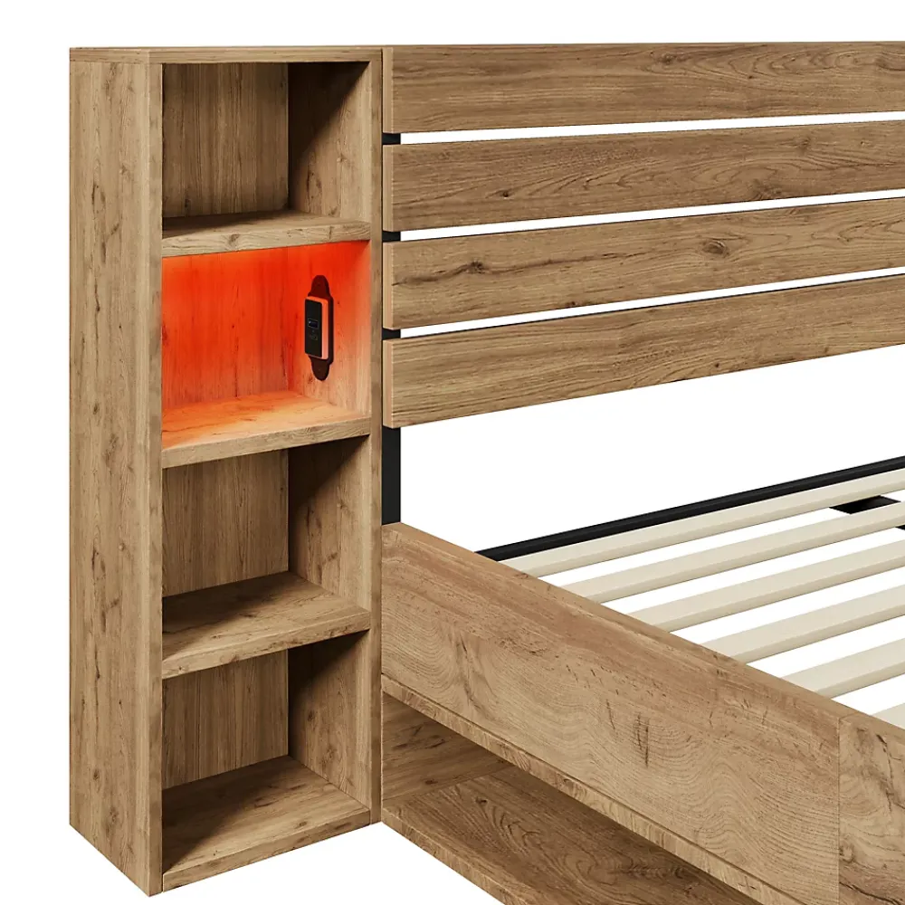 Okwish Lit avec rangement 160x200 cm - Lit double avec tête de lit LED et USB - Bois Massif - Sans Matelas - Chêne* Lit Avec Rangement