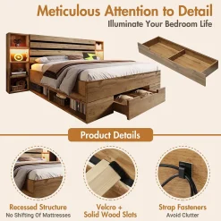 Okwish Lit avec rangement 160x200 cm - Lit double avec tête de lit LED et USB - Bois Massif - Sans Matelas - Chêne* Lit Avec Rangement