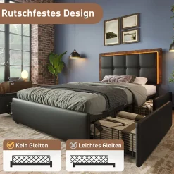 Lit avec Rangement 90x200 cm - Lit Simple Capitonné avec 4 Tiroirs, Bandeau LED et Tête Réglable, Sans Matelas, PU, Noir><noscript><img width=