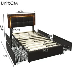 Lit avec Rangement 90x200 cm - Lit Simple Capitonné avec 4 Tiroirs, Bandeau LED et Tête Réglable, Sans Matelas, PU, Noir><noscript><img width=