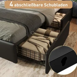 Lit avec Rangement 90x200 cm - Lit Simple Capitonné avec 4 Tiroirs, Bandeau LED et Tête Réglable, Sans Matelas, PU, Noir><noscript><img width=