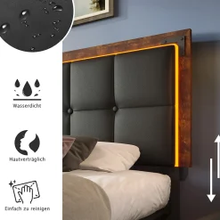 Lit avec Rangement 90x200 cm - Lit Simple Capitonné avec 4 Tiroirs, Bandeau LED et Tête Réglable, Sans Matelas, PU, Noir><noscript><img width=