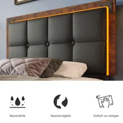 Lit avec Rangement 90x200 cm - Lit Simple Capitonné avec 4 Tiroirs, Bandeau LED et Tête Réglable, Sans Matelas, PU, Noir><noscript><img width=