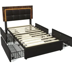 Lit avec Rangement 90x200 cm - Lit Simple Capitonné avec 4 Tiroirs, Bandeau LED et Tête Réglable, Sans Matelas, PU, Noir><noscript><img width=