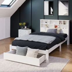Generique Lit avec rangement 90x200 cm - Lit simple avec tiroirs et tête de lit - Pin massif + MDF - Sans Matelas - Blanc* Lit Simple