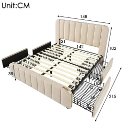 Okwish Lit avec rangement 140x200 cm - Lit double rembourré avec fonction USB Type-C et 4 tiroirs - Lin - Sans Matelas - Beige* Lit Coffre
