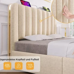 Okwish Lit avec rangement 140x200 cm - Lit double rembourré avec fonction USB Type-C et 4 tiroirs - Lin - Sans Matelas - Beige* Lit Coffre