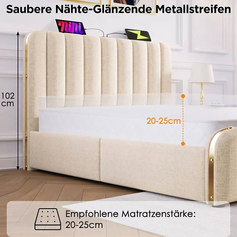Okwish Lit avec rangement 140x200 cm - Lit double rembourré avec fonction USB Type-C et 4 tiroirs - Lin - Sans Matelas - Beige* Lit Coffre