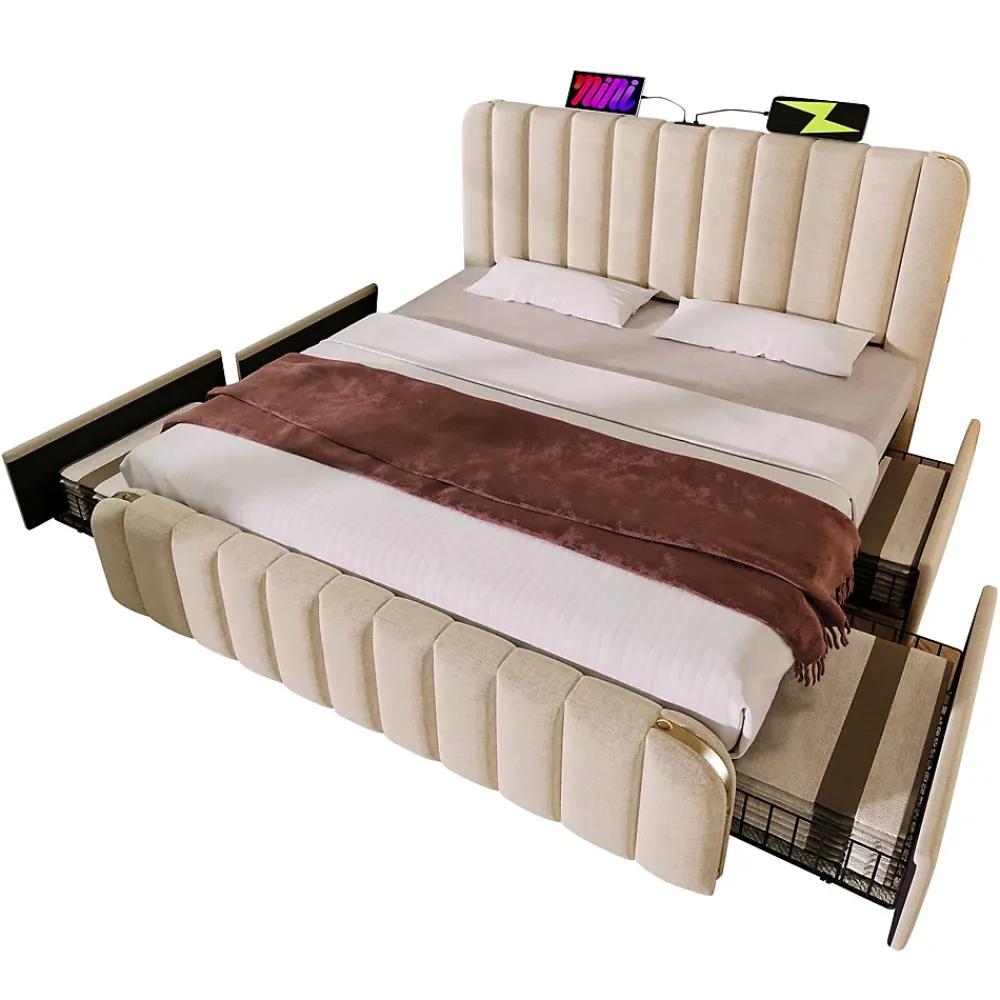 Okwish Lit avec rangement 140x200 cm - Lit double rembourré avec fonction USB Type-C et 4 tiroirs - Lin - Sans Matelas - Beige* Lit Coffre
