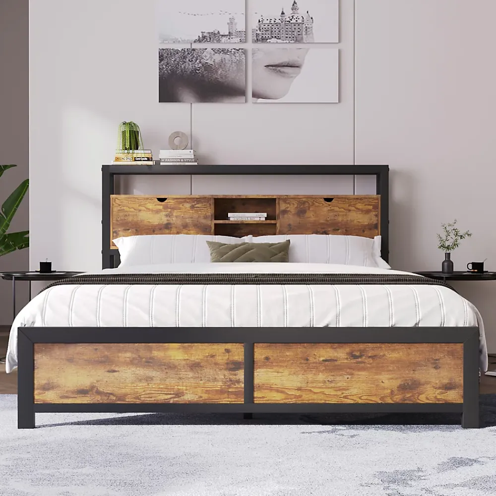 Okwish Lit avec rangement 140x200 cm - Lit double métal avec tête de lit et sommier à lattes - Métal - Sans Matelas - Noir* Lit Avec Rangement