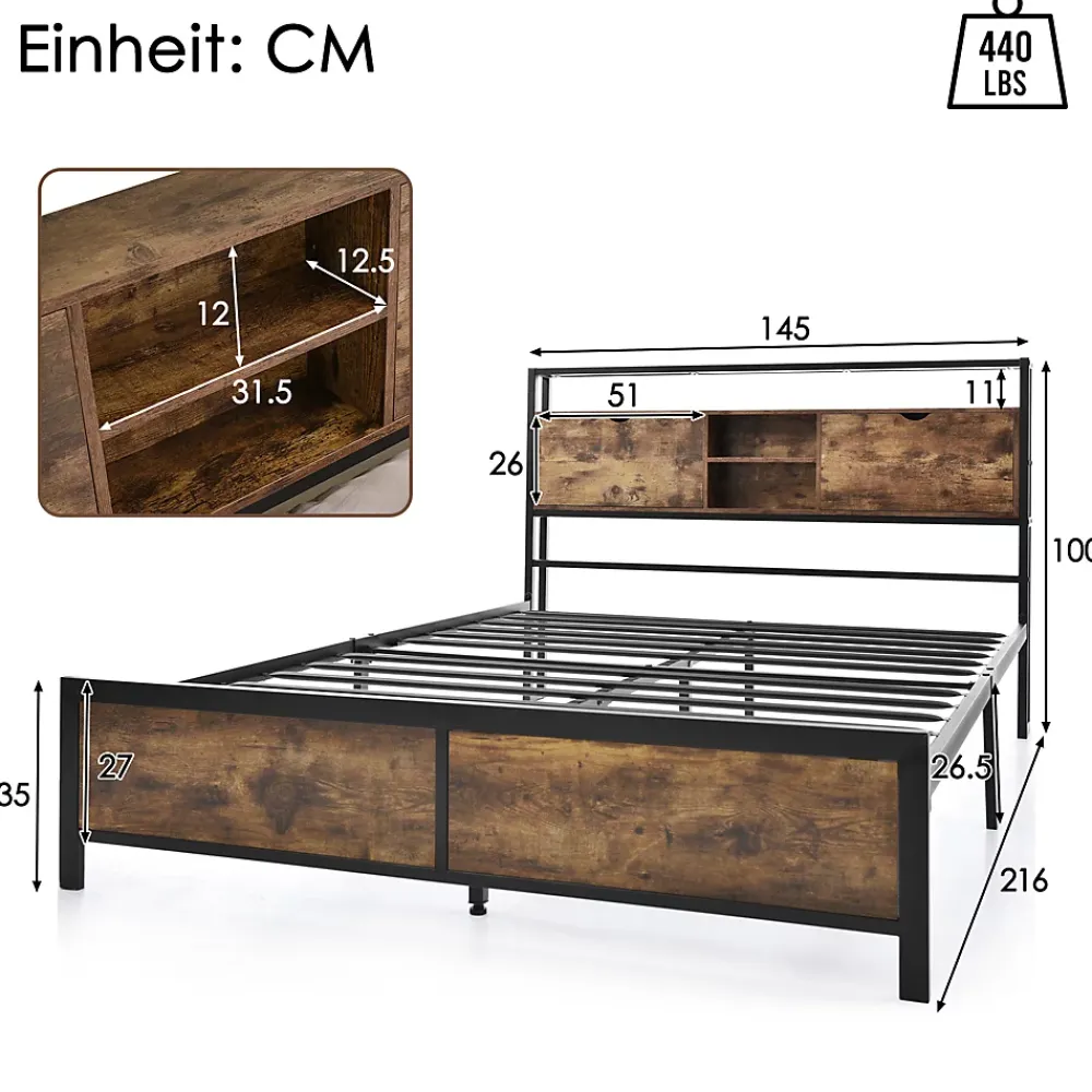 Okwish Lit avec rangement 140x200 cm - Lit double métal avec tête de lit et sommier à lattes - Métal - Sans Matelas - Noir* Lit Avec Rangement