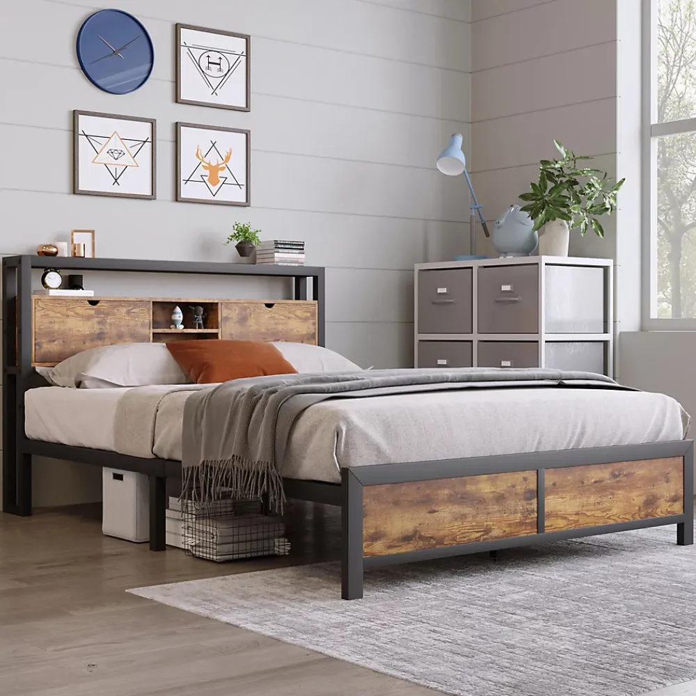 Okwish Lit avec rangement 140x200 cm - Lit double métal avec tête de lit et sommier à lattes - Métal - Sans Matelas - Noir* Lit Avec Rangement