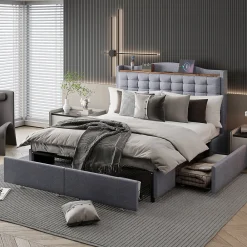 Lit avec Rangement 140x200 cm - Lit Double avec Port USB, Table de Chevet avec 4 Tiroirs, Sans Matelas, Lin, Gris Clair><noscript><img width=