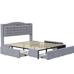 Lit avec Rangement 140x200 cm - Lit Double avec Port USB, Table de Chevet avec 4 Tiroirs, Sans Matelas, Lin, Gris Clair><noscript><img width=