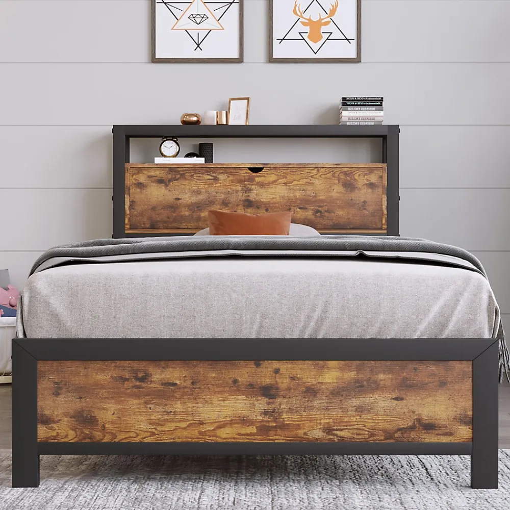 Lit avec rangement 90x200 cm - Lit Simple Cadre de Lit en Métal - avec Sommier à Lattes - Métal - Sans Matelas - Noir>Okwish Sale