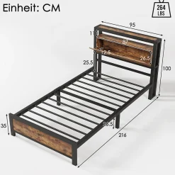 Lit avec rangement 90x200 cm - Lit Simple Cadre de Lit en Métal - avec Sommier à Lattes - Métal - Sans Matelas - Noir><noscript><img width=