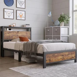 Lit avec rangement 90x200 cm - Lit Simple Cadre de Lit en Métal - avec Sommier à Lattes - Métal - Sans Matelas - Noir><noscript><img width=