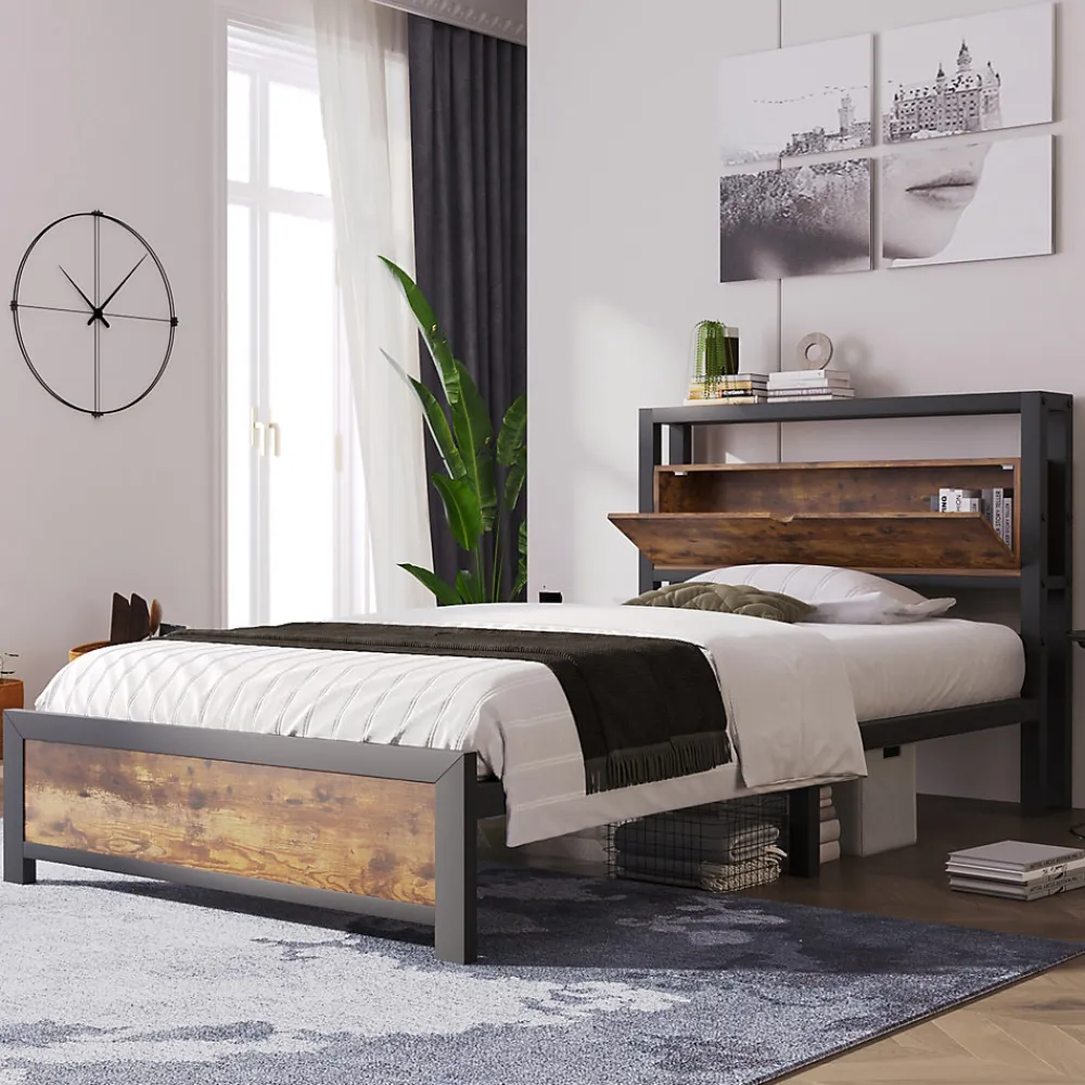 Lit avec rangement 90x200 cm - Lit Simple Cadre de Lit en Métal - avec Sommier à Lattes - Métal - Sans Matelas - Noir>Okwish Sale