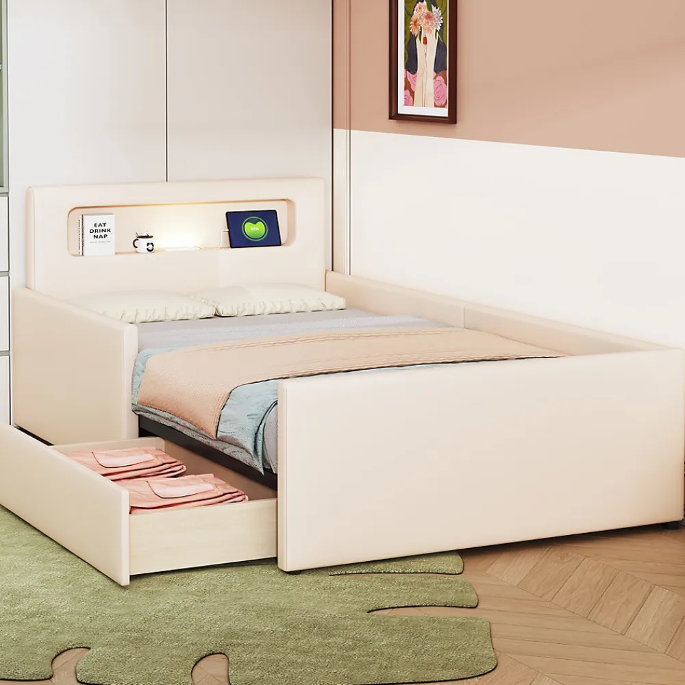 Lit avec rangement 90x200 cm - Lit enfant capitonné avec veilleuse et port USB - Similicuir + Métal - Sans matelas - Beige>Okwish New