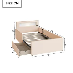 Lit avec rangement 90x200 cm - Lit enfant capitonné avec veilleuse et port USB - Similicuir + Métal - Sans matelas - Beige><noscript><img width=