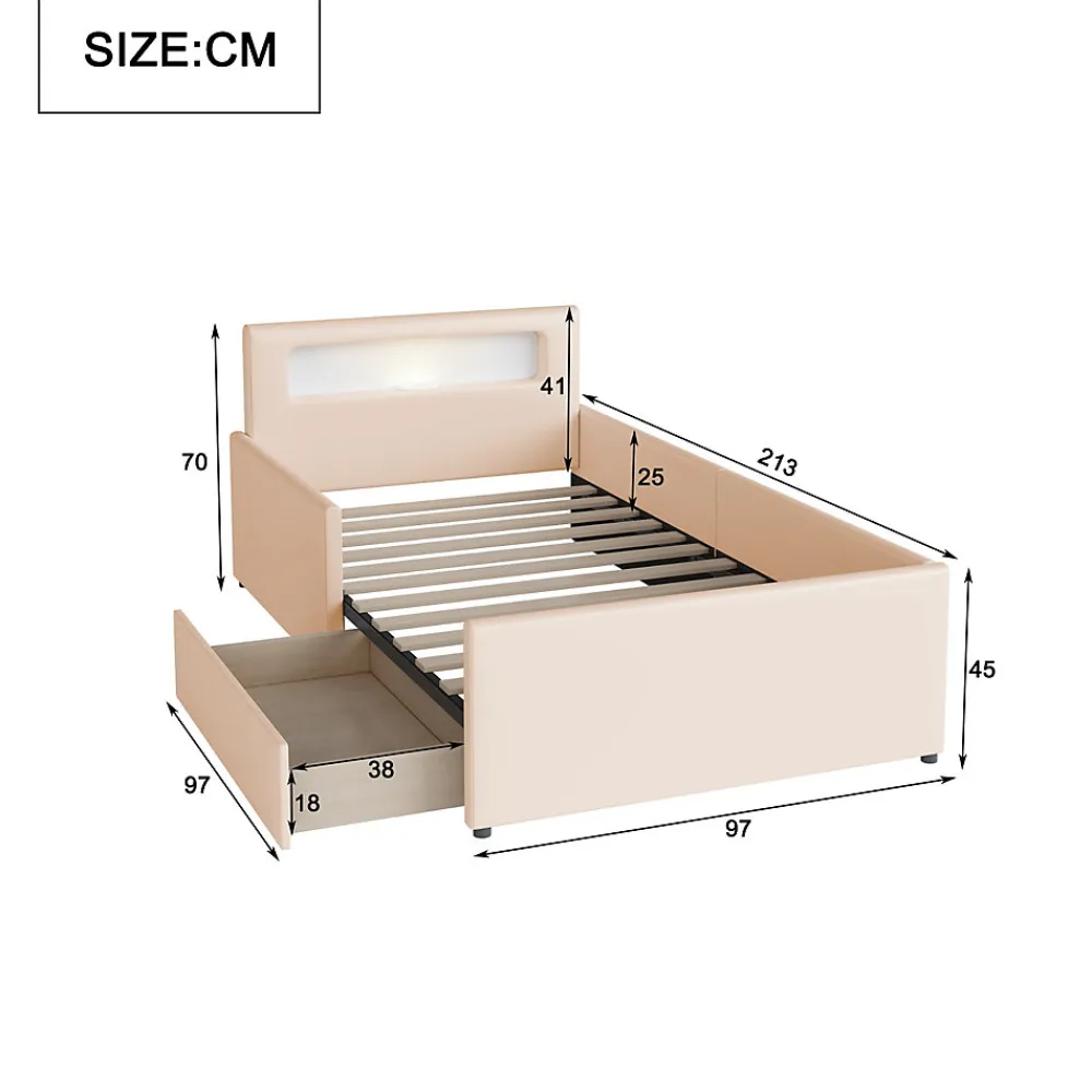Lit avec rangement 90x200 cm - Lit enfant capitonné avec veilleuse et port USB - Similicuir + Métal - Sans matelas - Beige>Okwish New