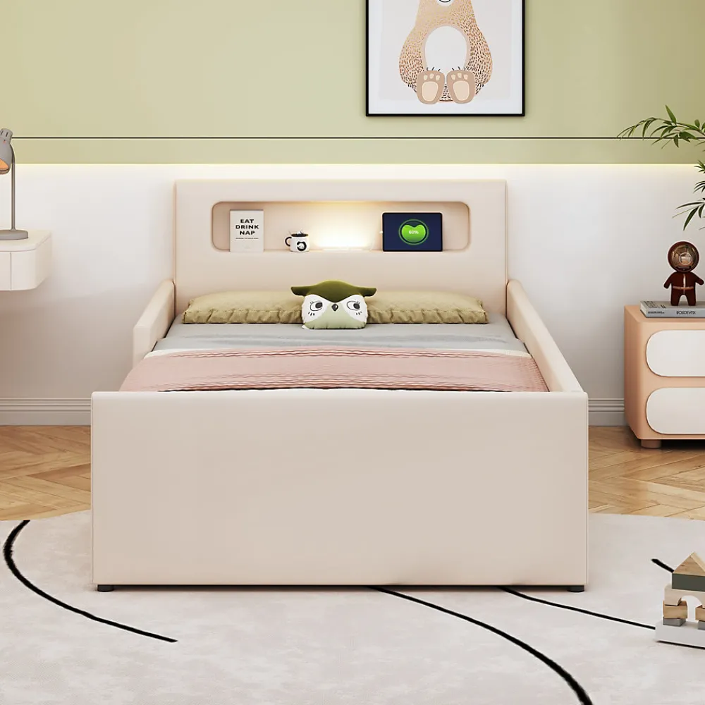 Lit avec rangement 90x200 cm - Lit enfant capitonné avec veilleuse et port USB - Similicuir + Métal - Sans matelas - Beige>Okwish New